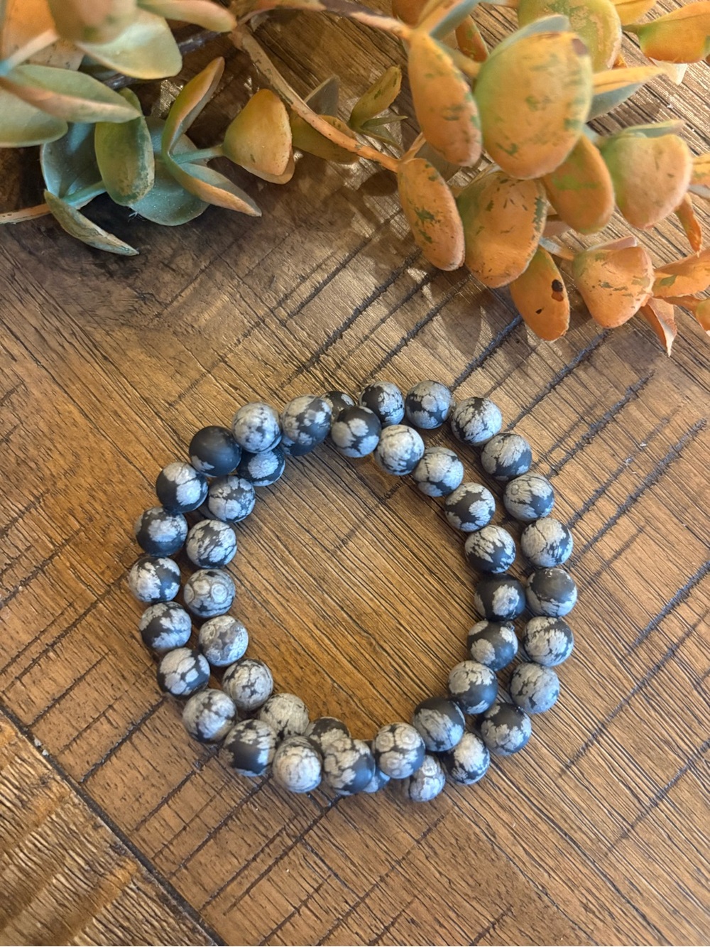 Snowflake Obsidian Gemstone Stretch Bracelet - Black & Gray